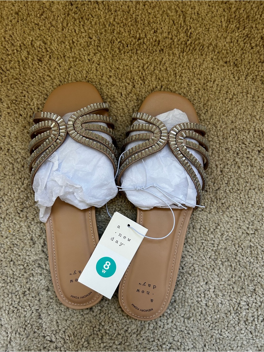 NWT and box A New Day Tan Beaded Slide Sandals